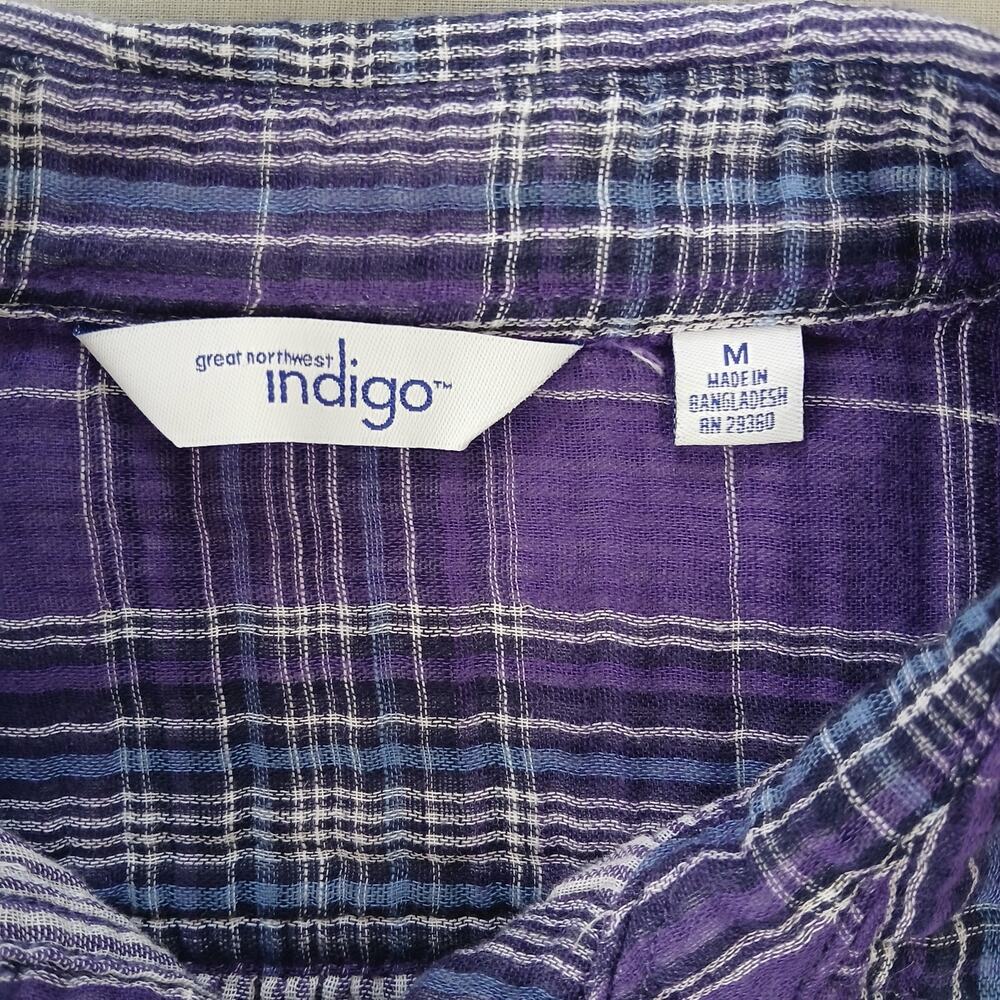 GNW Indigo Purple Plaid Double Layer Cotton Blouse M soft roll tab sleeves - Picture 7 of 12